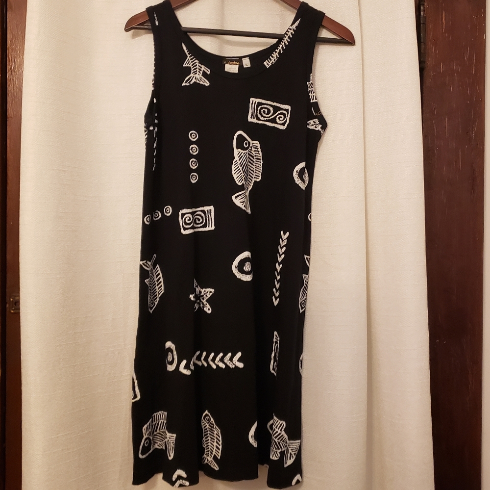 Janice Women's Large Batik Print A-line Dress Black and White sleeveless EUC